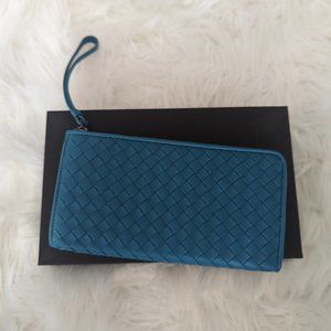 Bottega Veneta Aqua Intrecciato Nappa Leather Zip Wallet